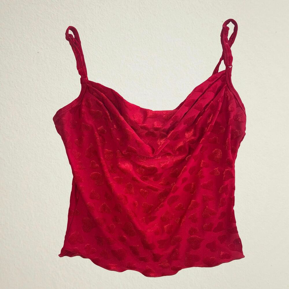Vintage 90s red heart cowl neck camisole lettuce hem, All That Jazz, valentine